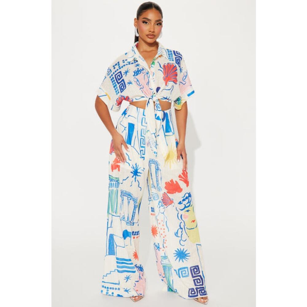 Fashion Nova Walking On Sea Shells Wide Leg Pants 1X Multicolored Resort Beach - Picture 1 of 12